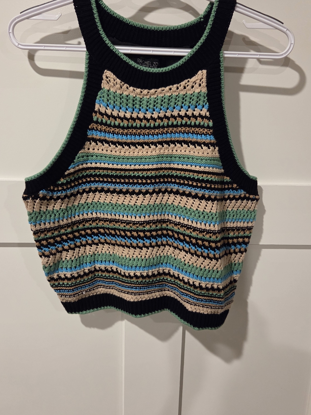 Rachel Zoe Black Striped Crochet Tank Top - Black, Beige & Teal